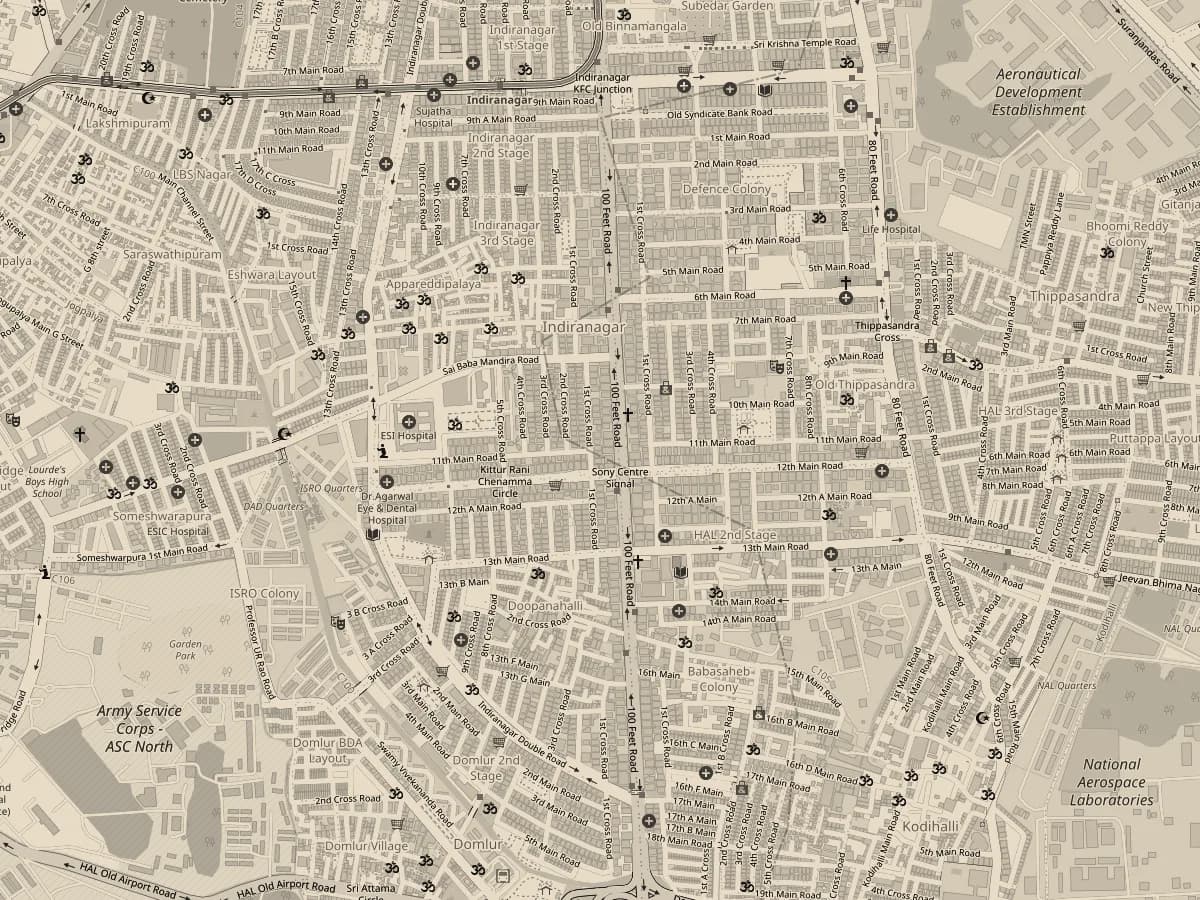 Map of Indiranagar with 100 Feet Road highlighted and Hejje pinned near the 12th Main junction